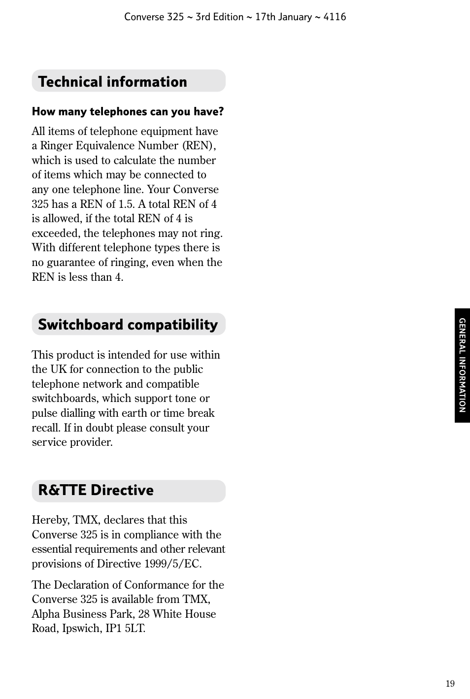 Technical information, Switchboard compatibility, R&tte directive | BT 325 User Manual | Page 20 / 23