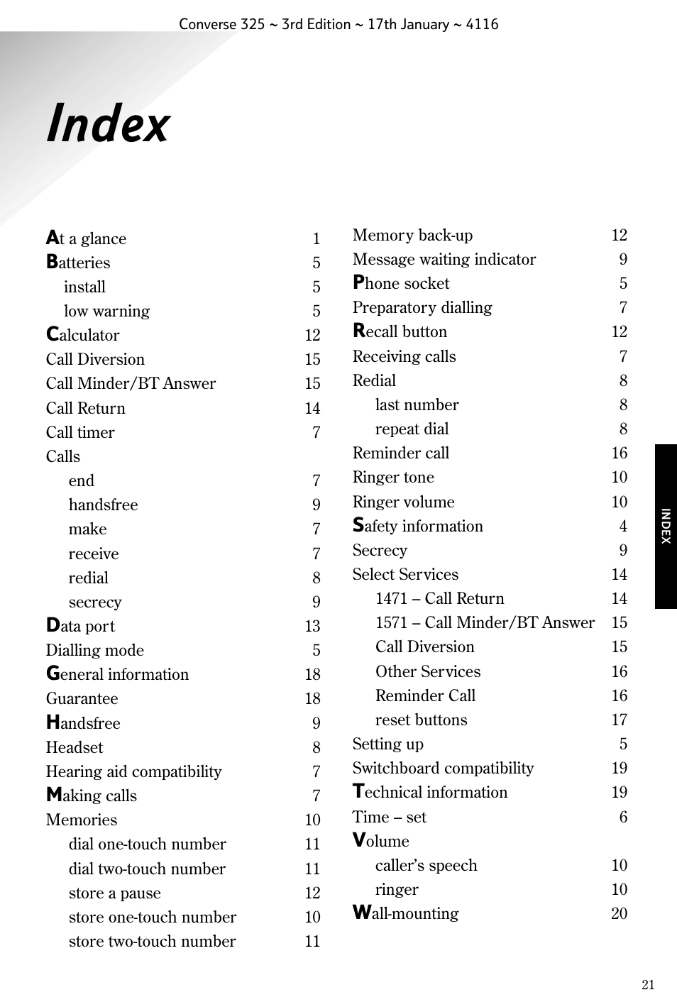 Index | BT 325 User Manual | Page 22 / 23