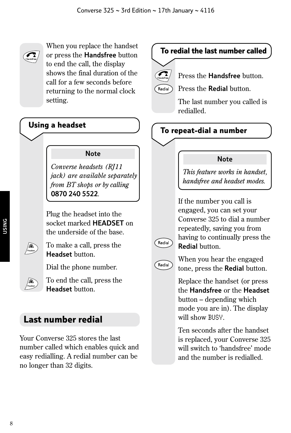 Last number redial | BT 325 User Manual | Page 9 / 23