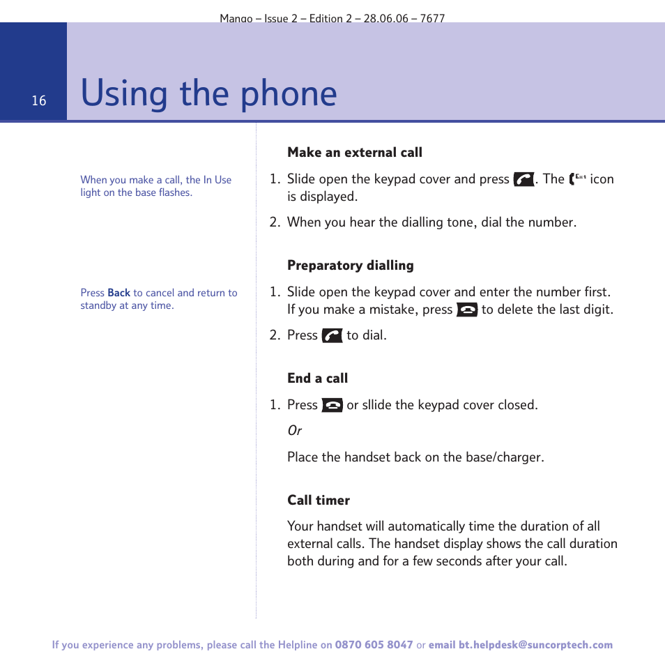 Using the phone | BT MANGO User Manual | Page 16 / 92