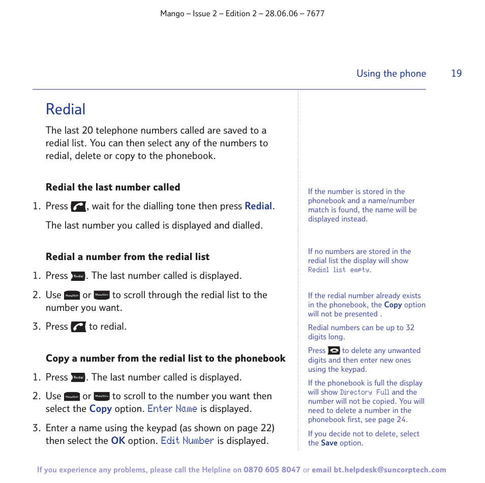Redial | BT MANGO User Manual | Page 19 / 92