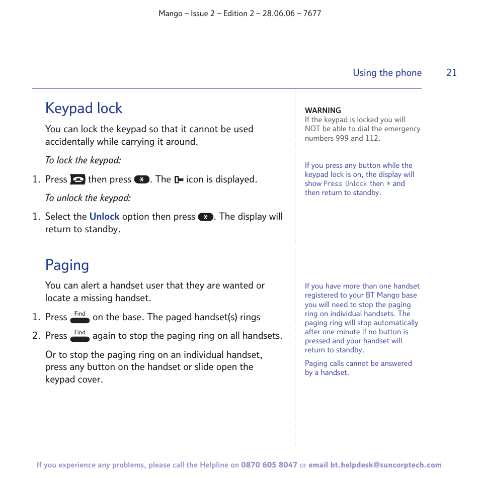 Keypad lock, Paging | BT MANGO User Manual | Page 21 / 92