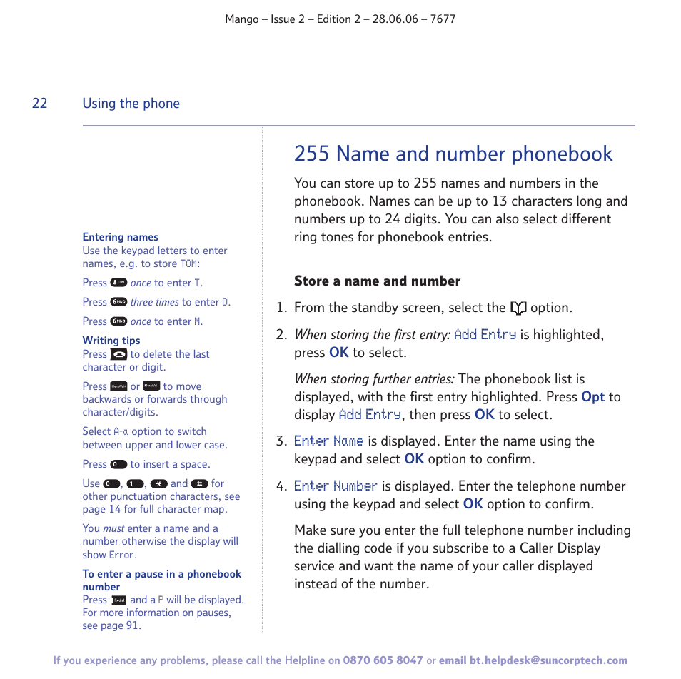 255 name and number phonebook | BT MANGO User Manual | Page 22 / 92