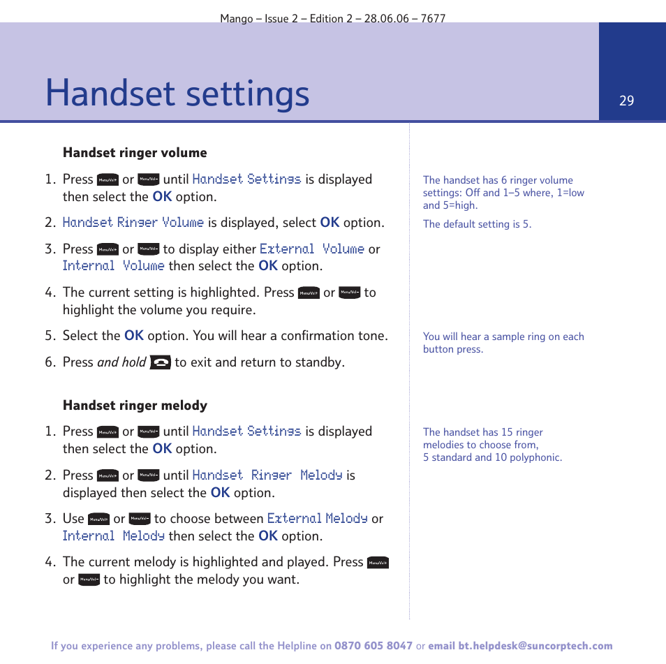 Handset settings | BT MANGO User Manual | Page 29 / 92