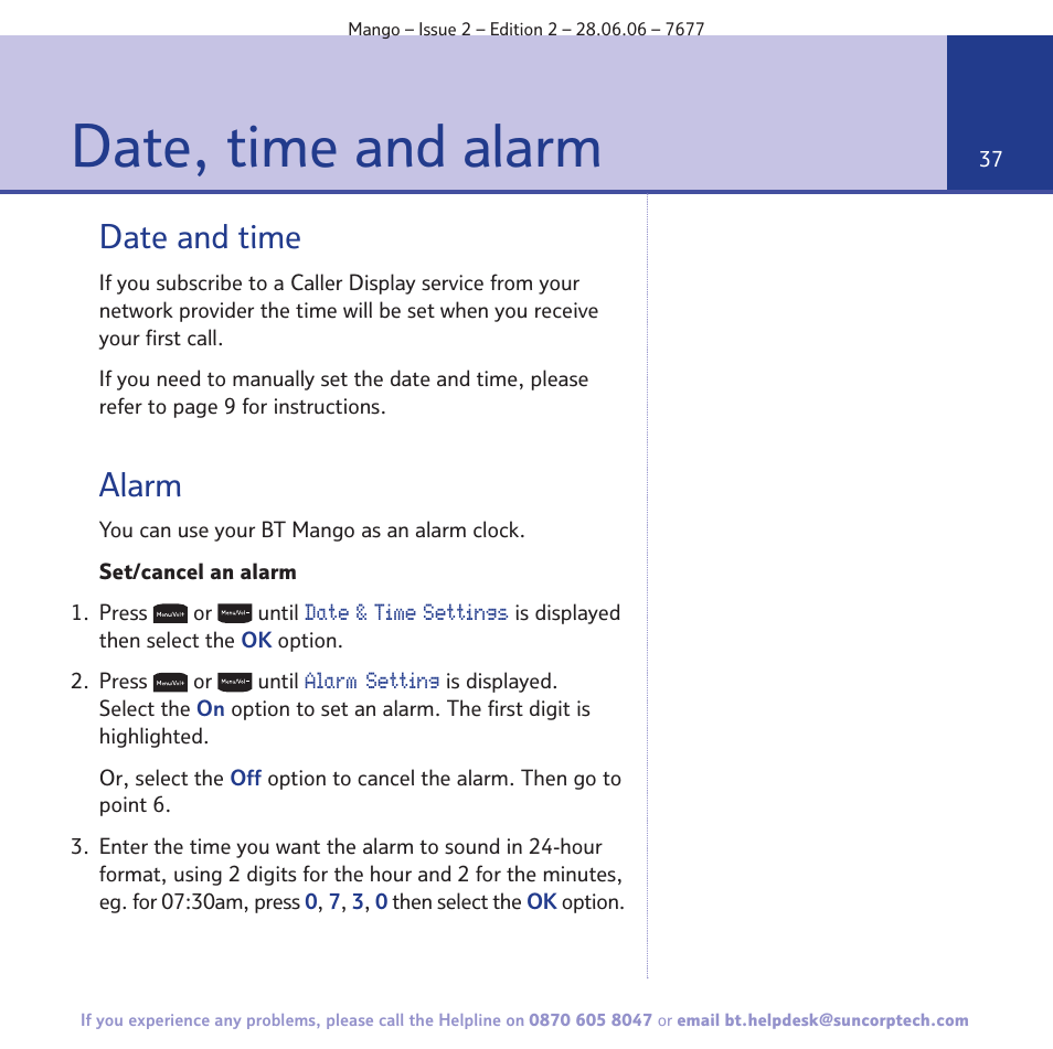 Date, time and alarm, Date and time, Alarm | BT MANGO User Manual | Page 37 / 92