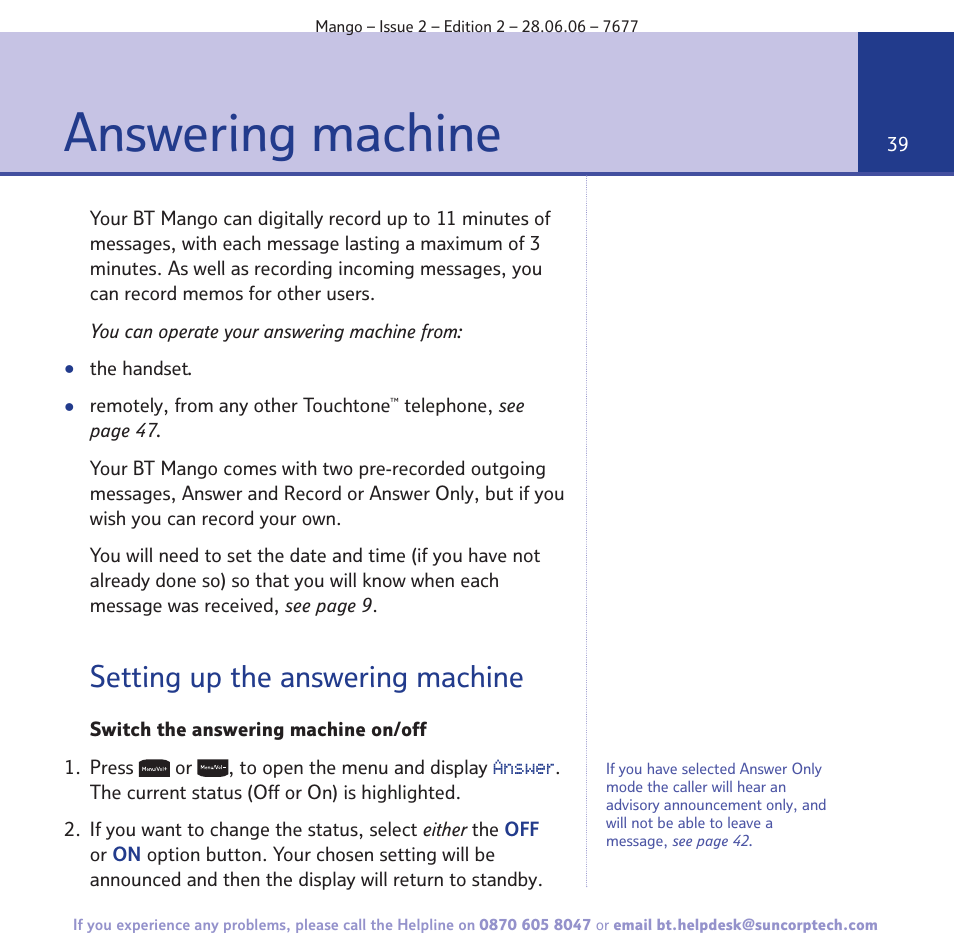 Answering machine, Setting up the answering machine | BT MANGO User Manual | Page 39 / 92