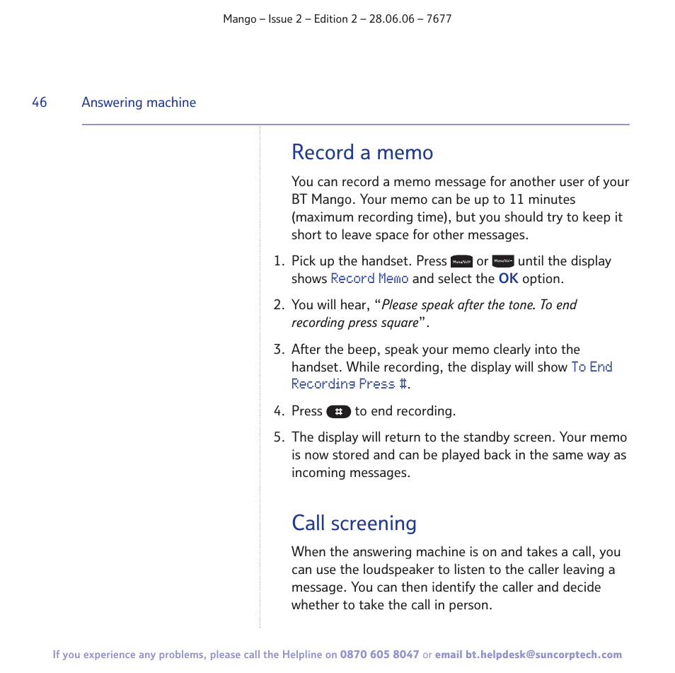 Call screening | BT MANGO User Manual | Page 46 / 92