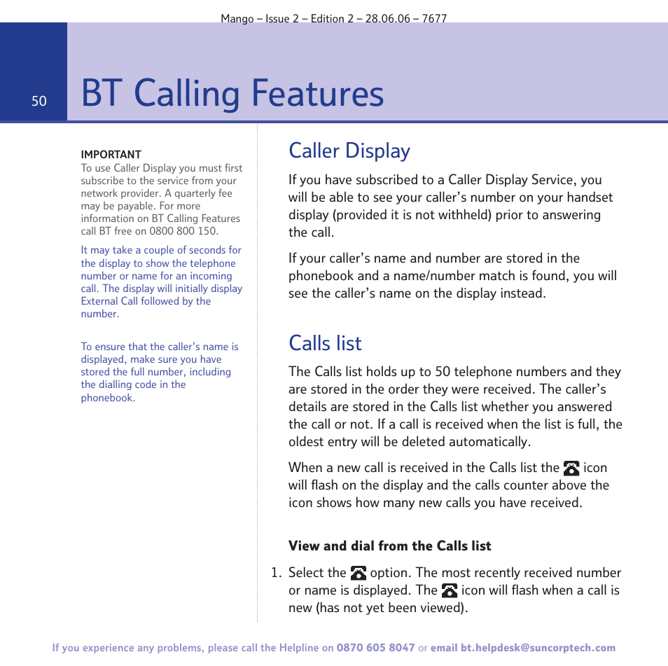 Bt calling features, Caller display, Calls list | BT MANGO User Manual | Page 50 / 92