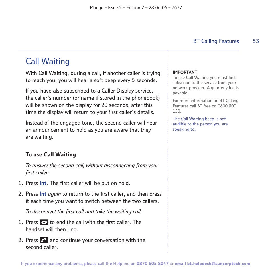 Call waiting | BT MANGO User Manual | Page 53 / 92
