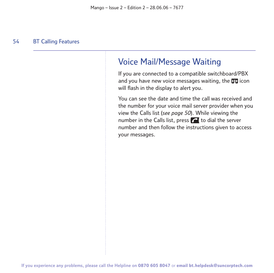 Voice mail/message waiting | BT MANGO User Manual | Page 54 / 92