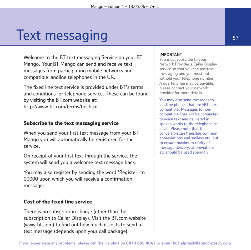 Text messaging | BT MANGO User Manual | Page 57 / 92