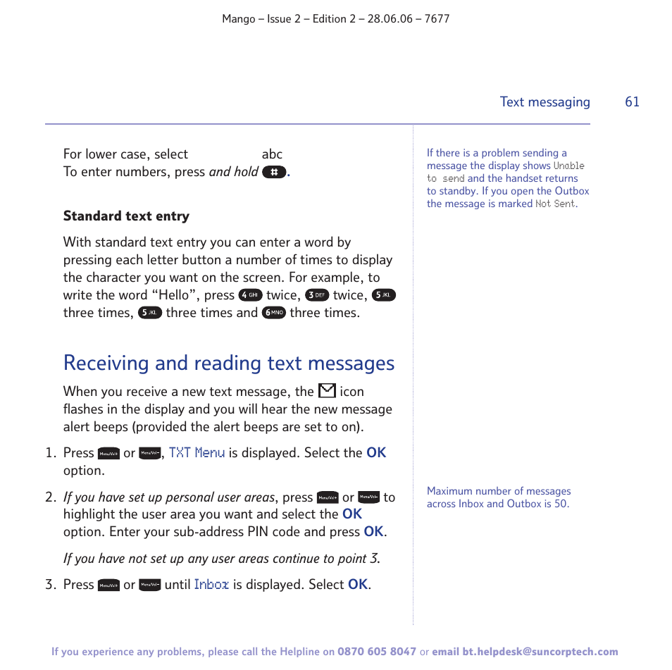Receiving and reading text messages | BT MANGO User Manual | Page 61 / 92