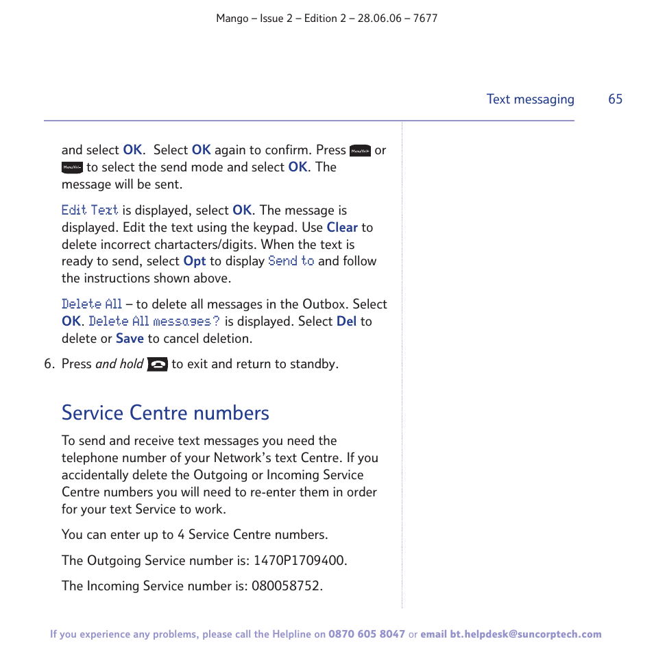 Service centre numbers | BT MANGO User Manual | Page 65 / 92