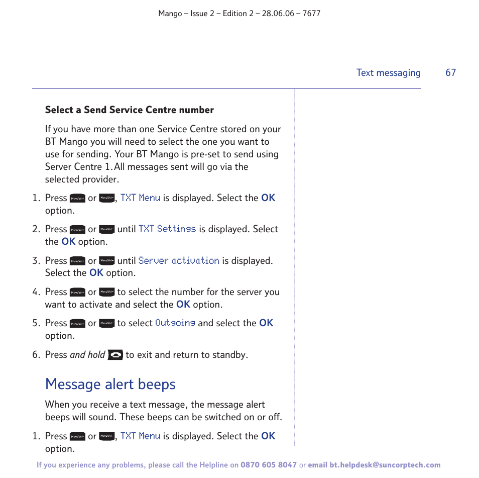 Message alert beeps | BT MANGO User Manual | Page 67 / 92