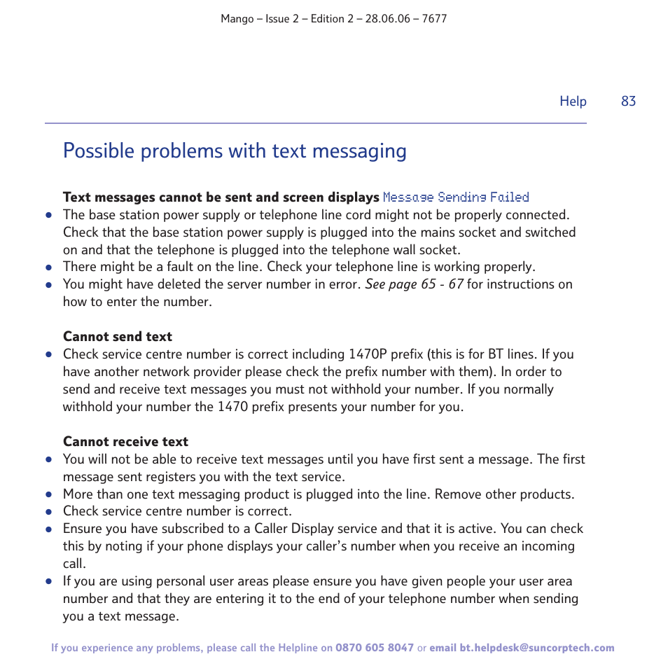 Possible problems with text messaging | BT MANGO User Manual | Page 83 / 92