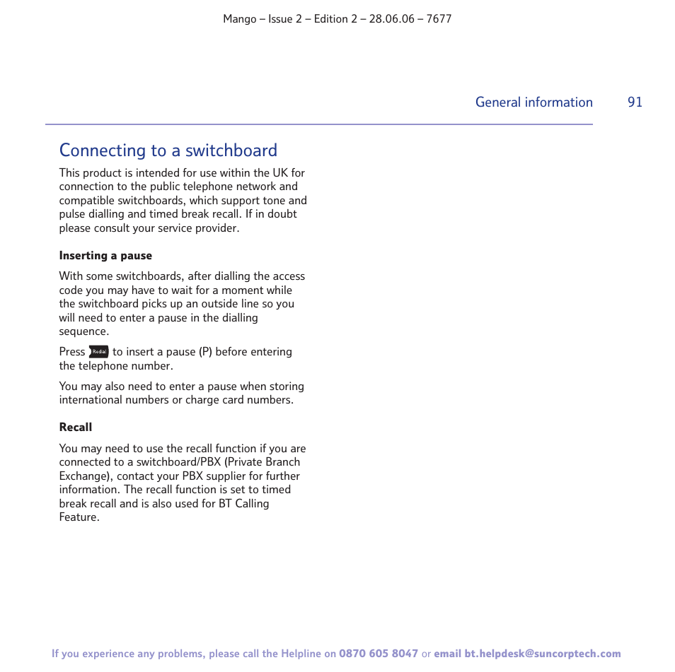 Connecting to a switchboard | BT MANGO User Manual | Page 91 / 92