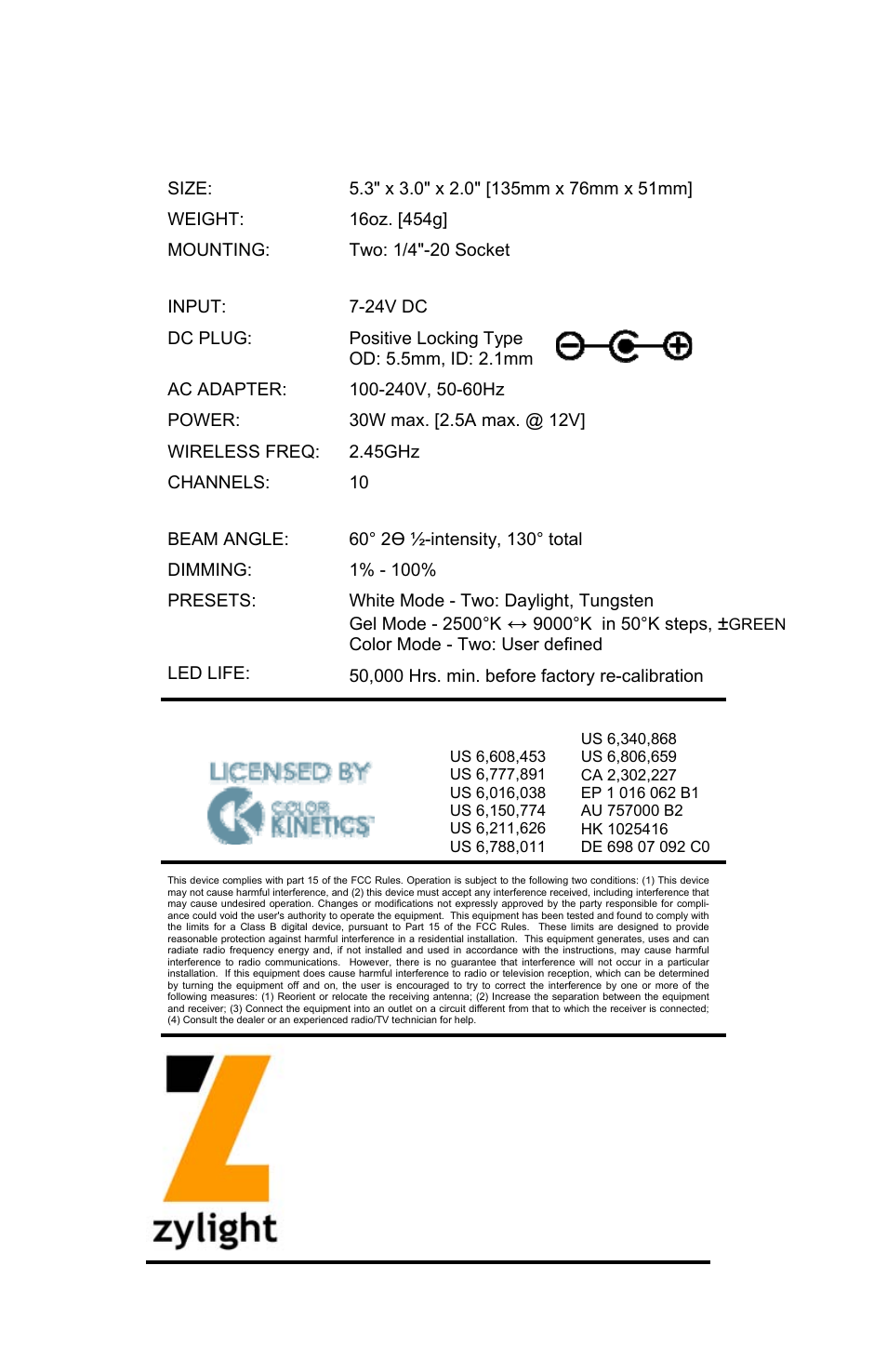 Z90 specifications, Zylight llc | Zylight Z90 LED Light User Manual | Page 8 / 8