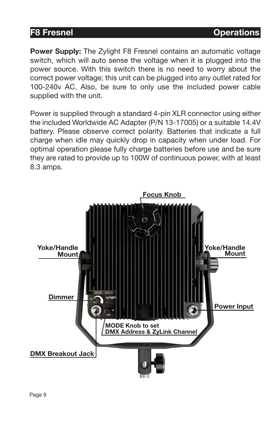 F8 fresnel operations | Zylight F8 Fresnel User Manual | Page 10 / 20