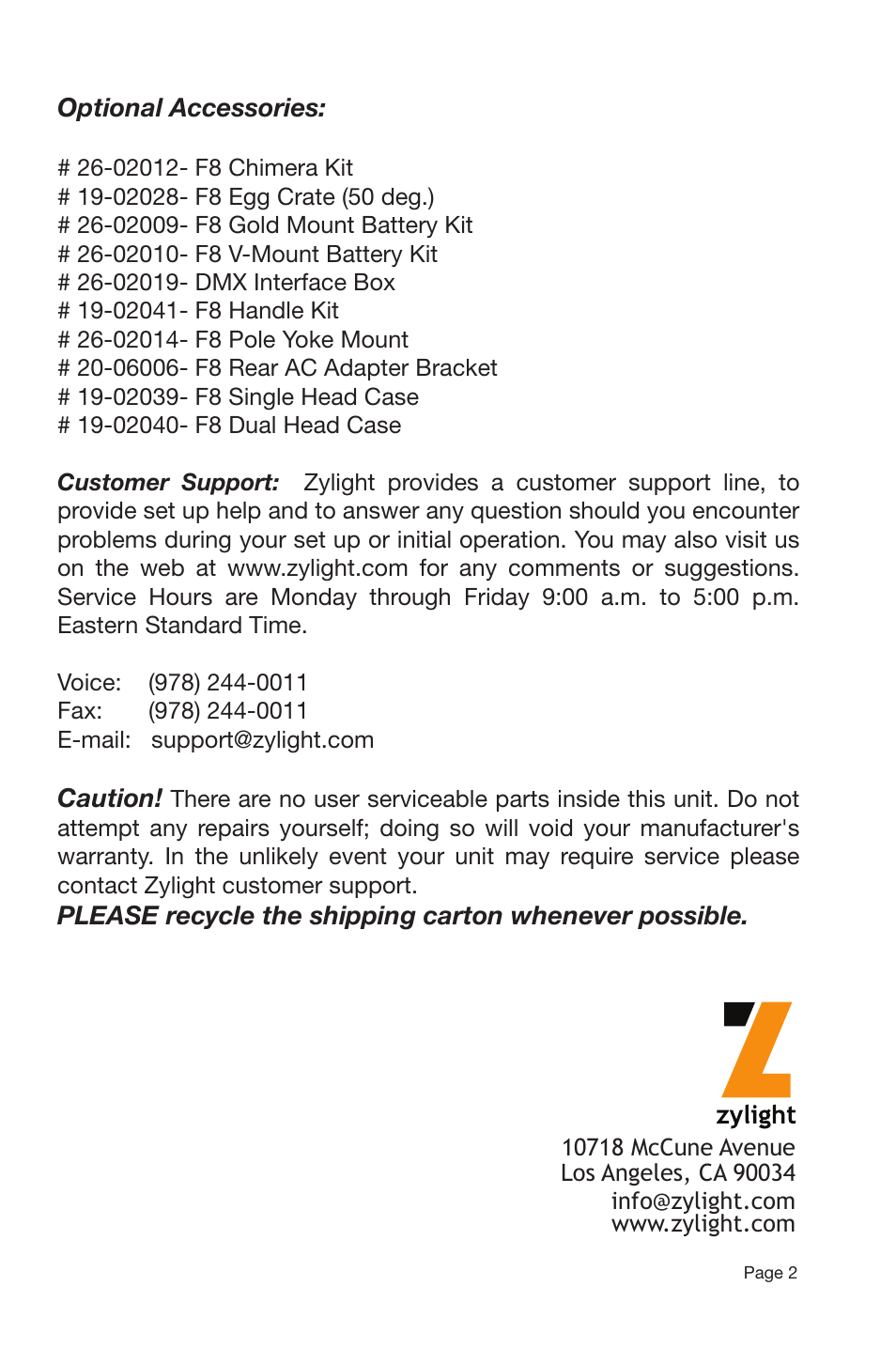 Zylight F8 Fresnel User Manual | Page 3 / 20