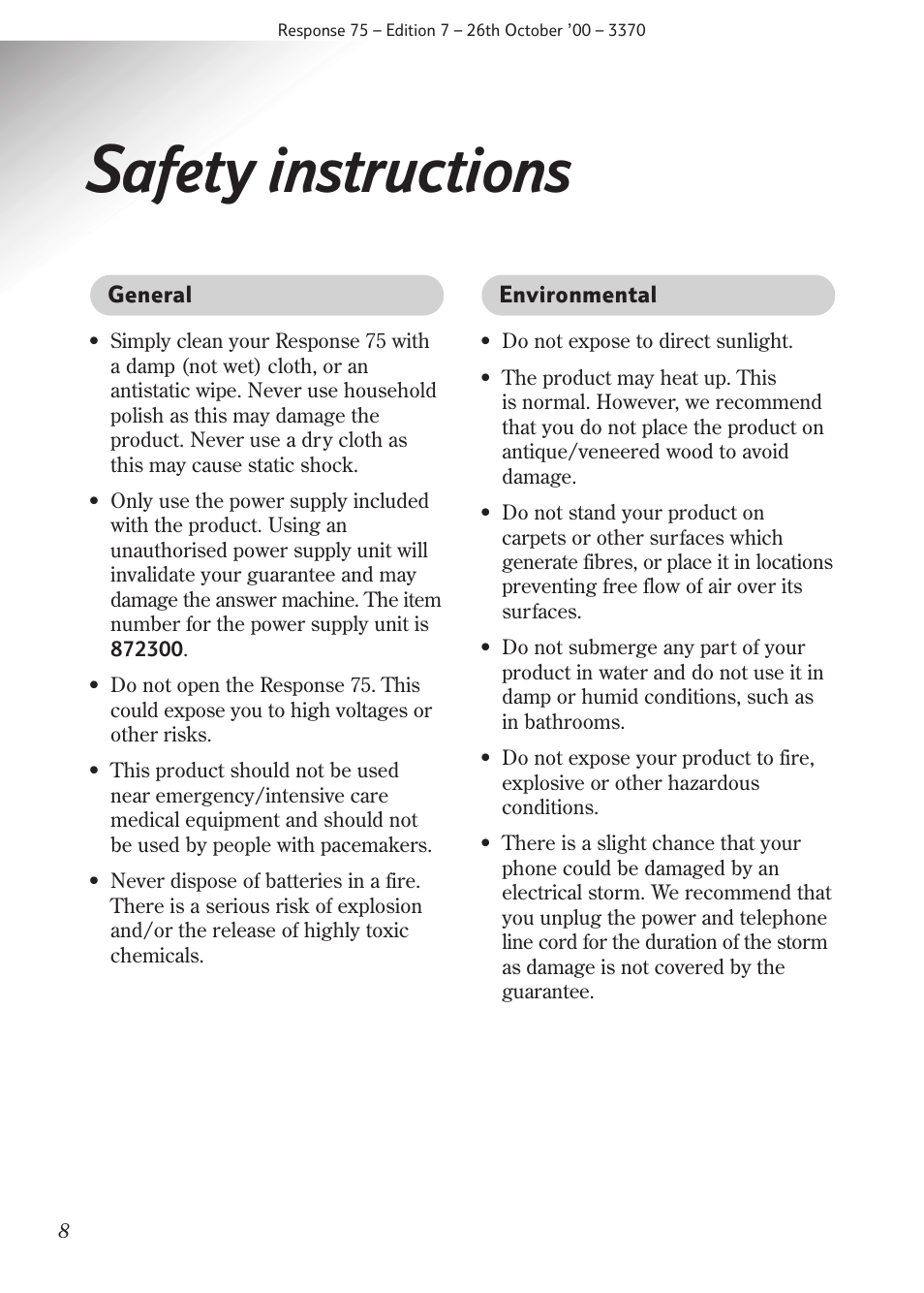 Safety instructions | BT RESPONSE75 User Manual | Page 10 / 32