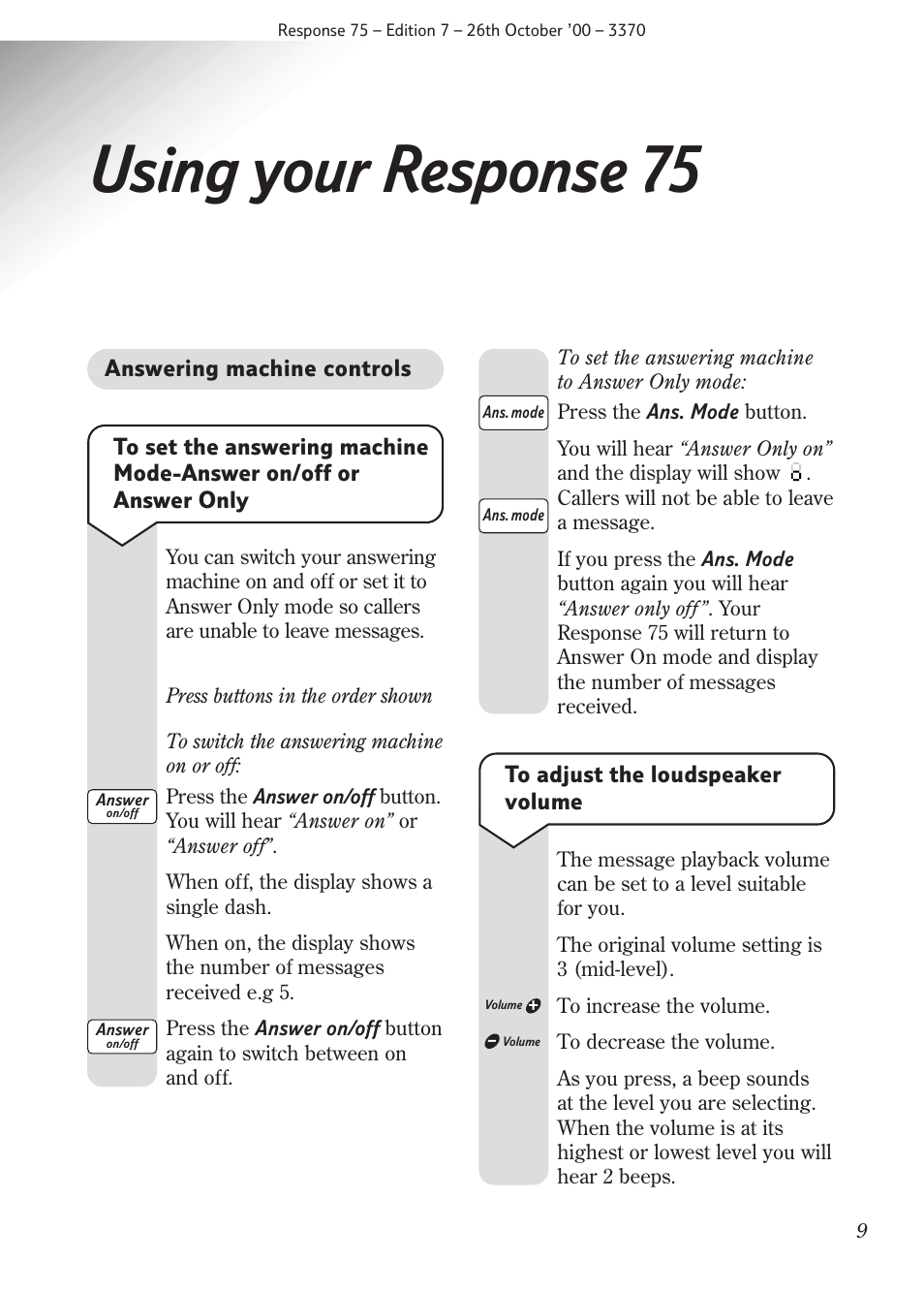 Using your response 75 | BT RESPONSE75 User Manual | Page 11 / 32