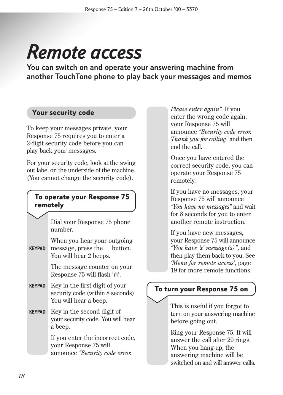 Remote access | BT RESPONSE75 User Manual | Page 20 / 32