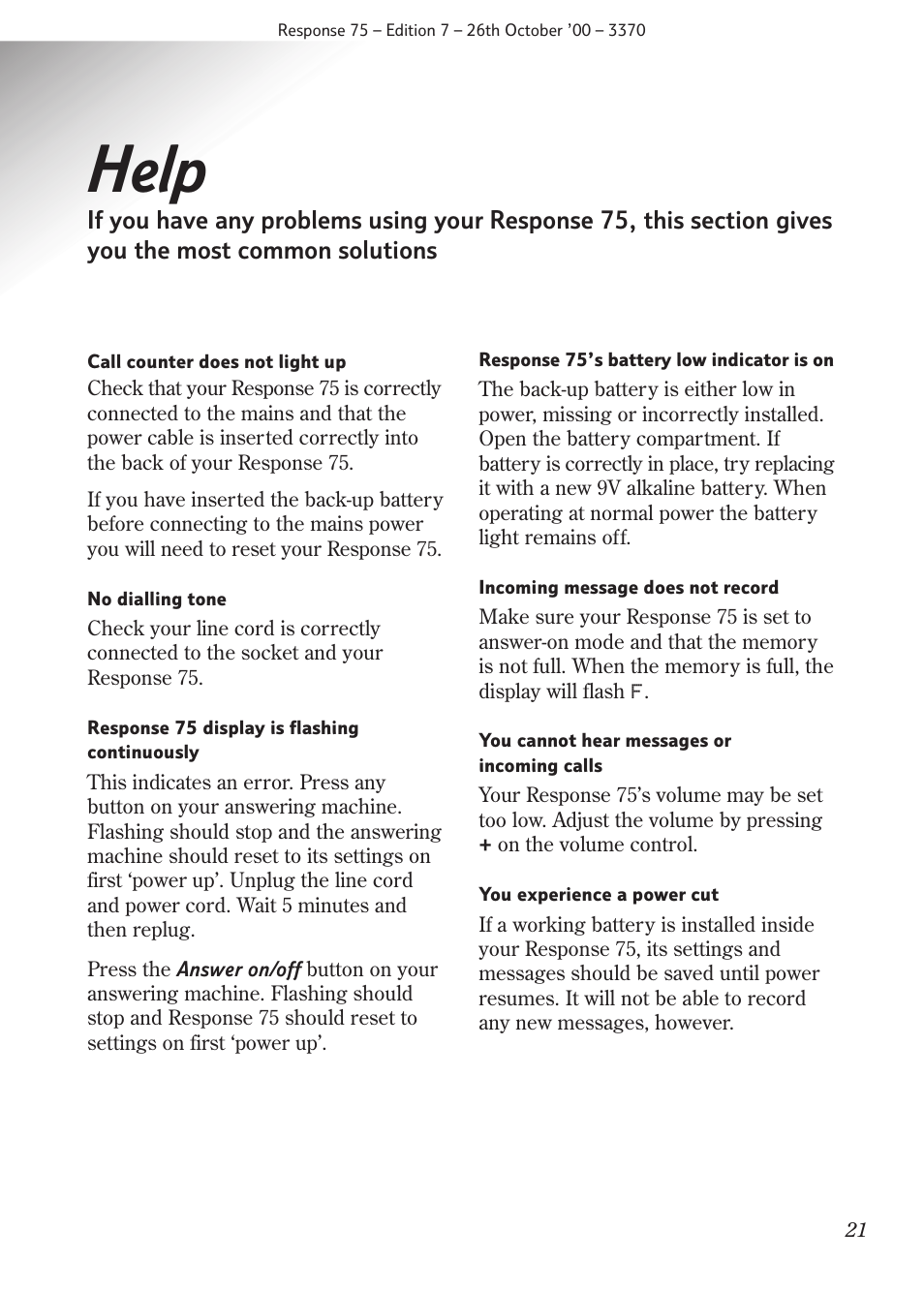 Help | BT RESPONSE75 User Manual | Page 23 / 32