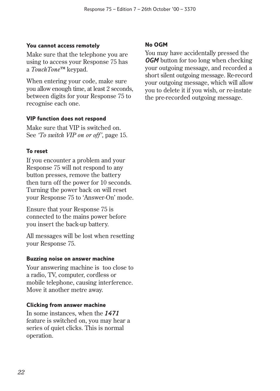 BT RESPONSE75 User Manual | Page 24 / 32