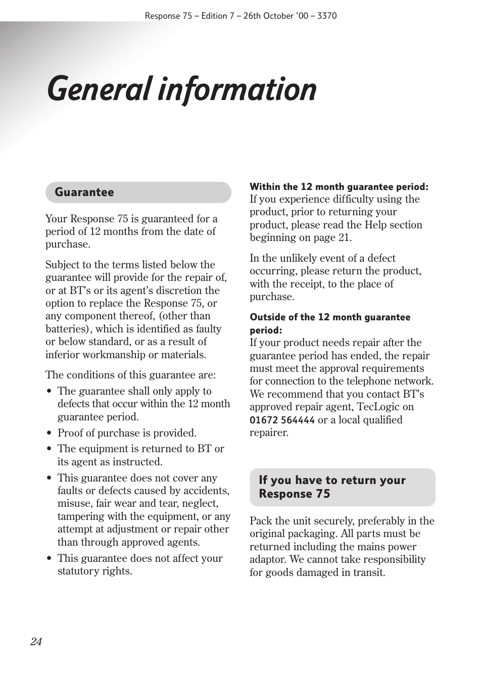 General information | BT RESPONSE75 User Manual | Page 26 / 32