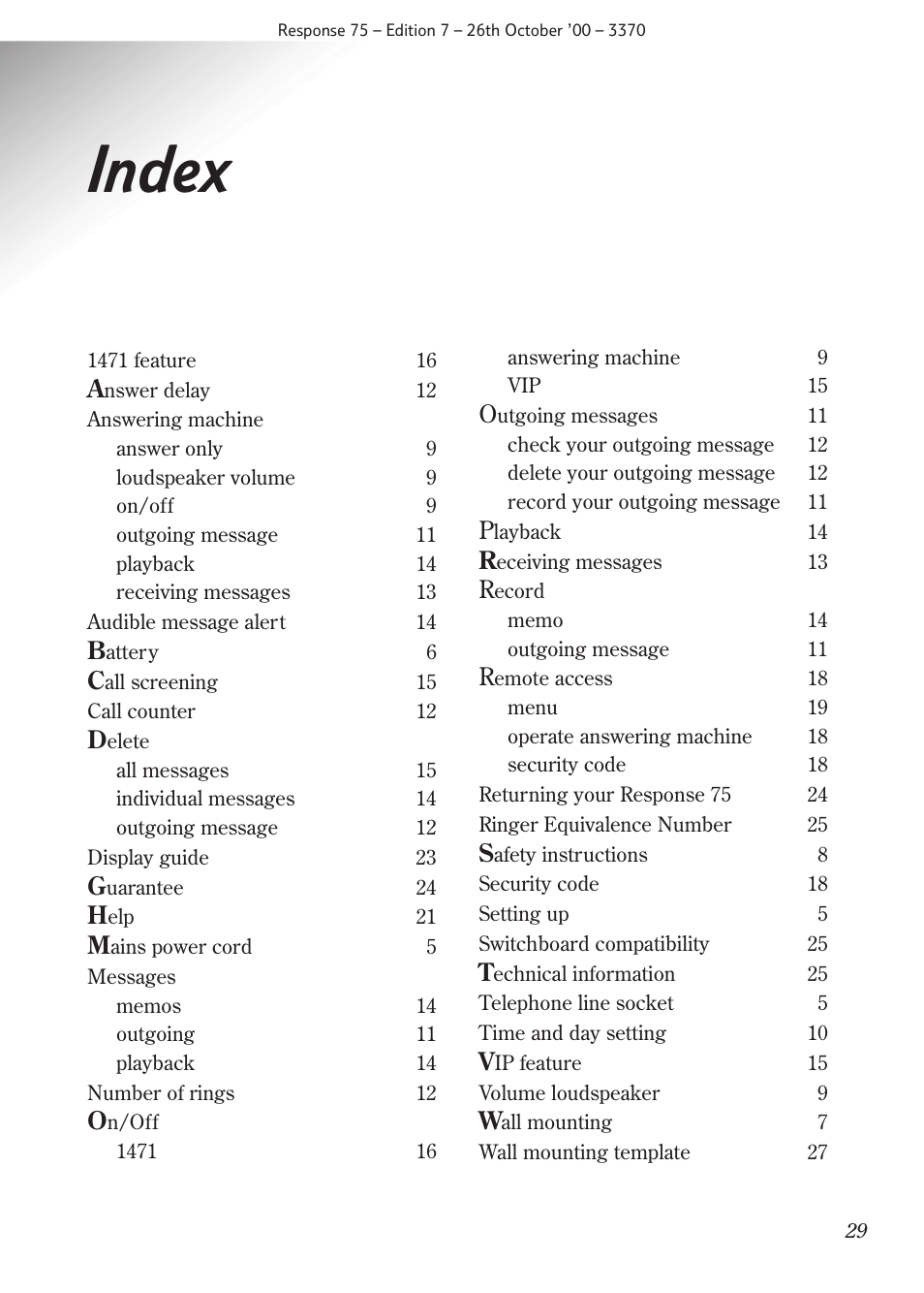 Index | BT RESPONSE75 User Manual | Page 31 / 32