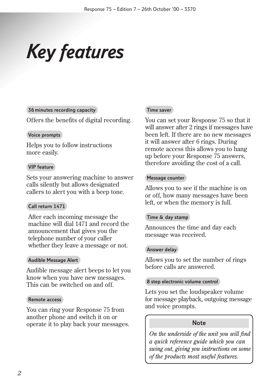 Key features | BT RESPONSE75 User Manual | Page 4 / 32