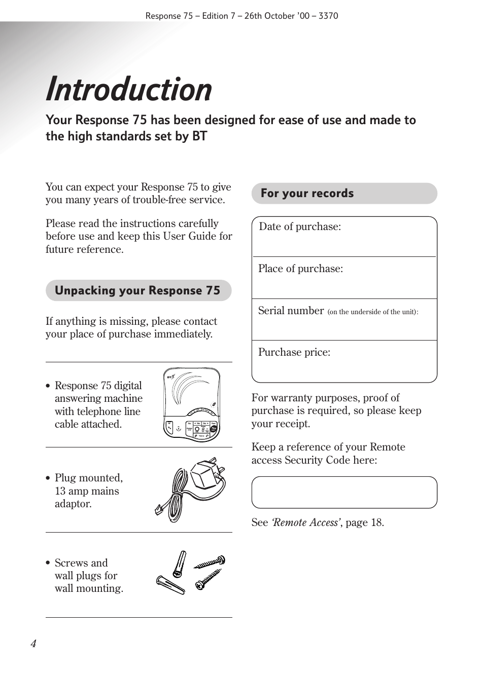 Introduction | BT RESPONSE75 User Manual | Page 6 / 32