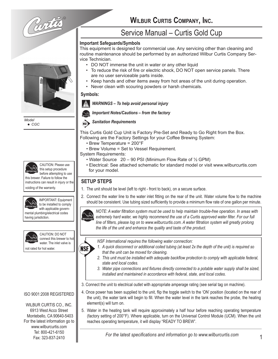Wilbur Curtis CGC User Manual | 20 pages