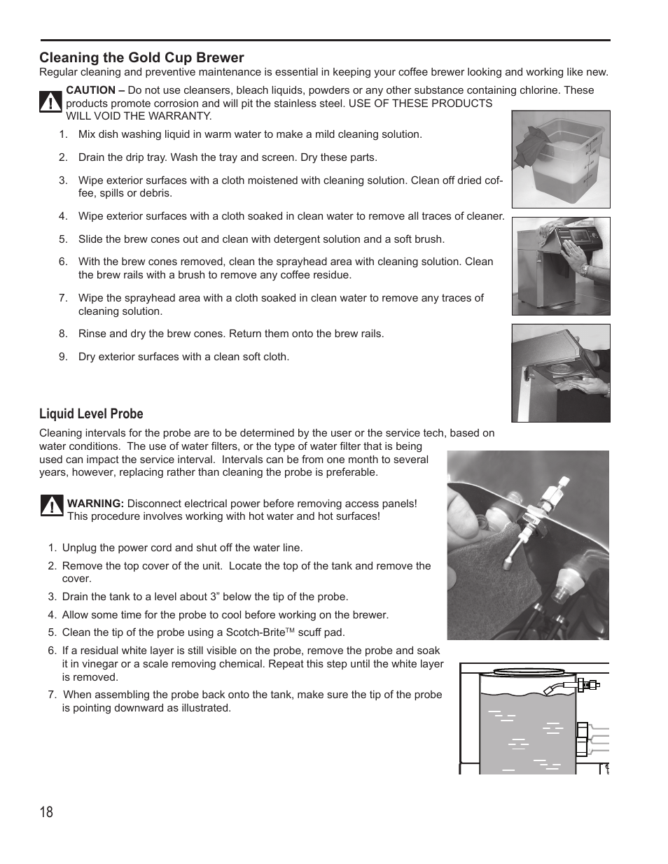 Cleaning the gold cup brewer, Liquid level probe | Wilbur Curtis CGC User Manual | Page 18 / 20