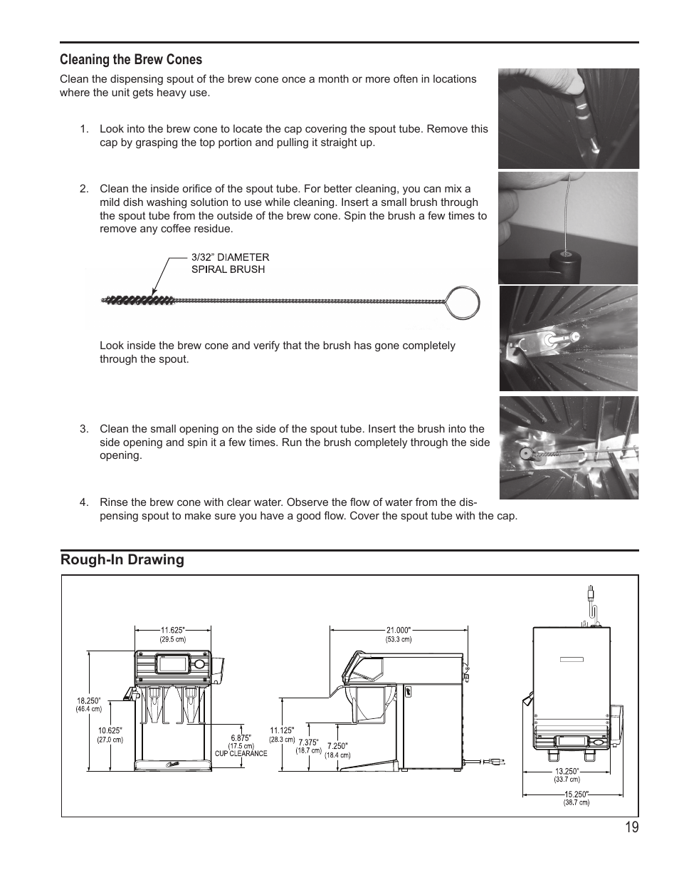 Cleaning the brew cones, Rough-in drawing | Wilbur Curtis CGC User Manual | Page 19 / 20