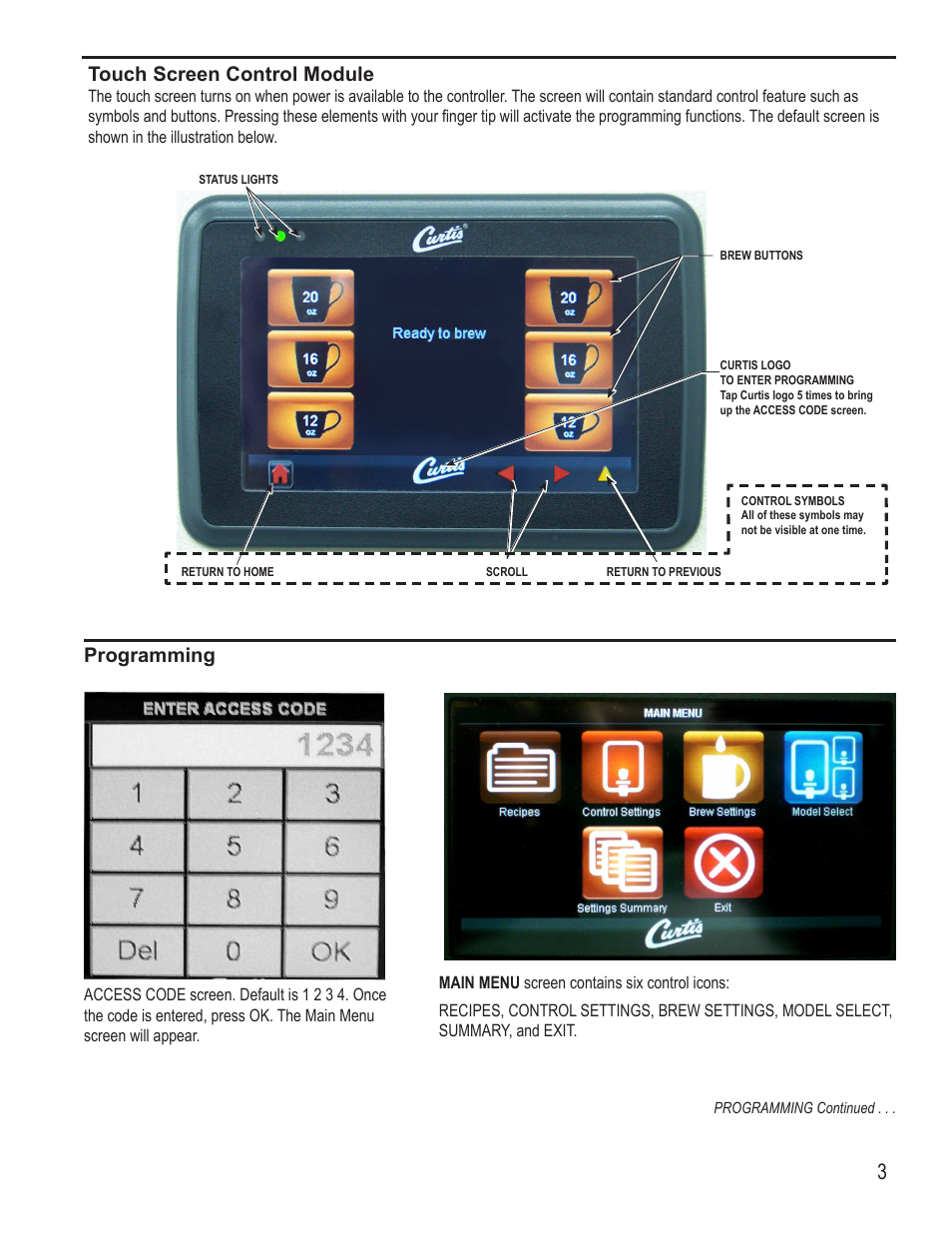 Touch screen control module, Programming | Wilbur Curtis CGC User Manual | Page 3 / 20