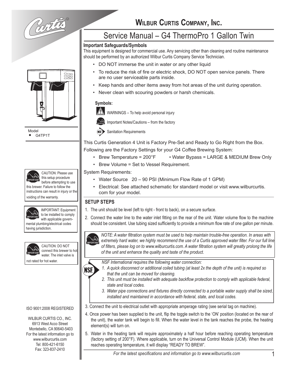 Wilbur Curtis G4TP1T User Manual | 18 pages