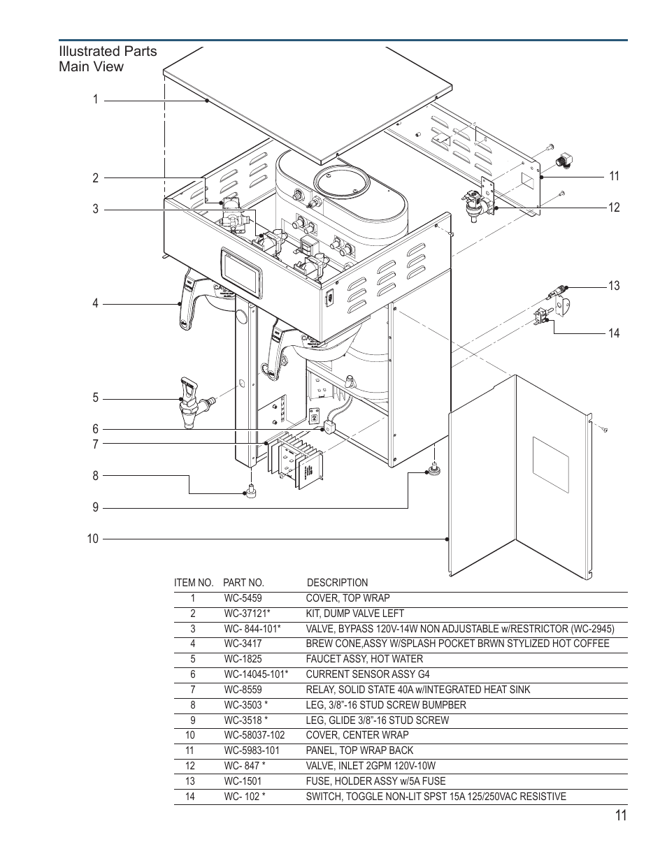 Illustrated parts main view | Wilbur Curtis G4TP1T User Manual | Page 11 / 18