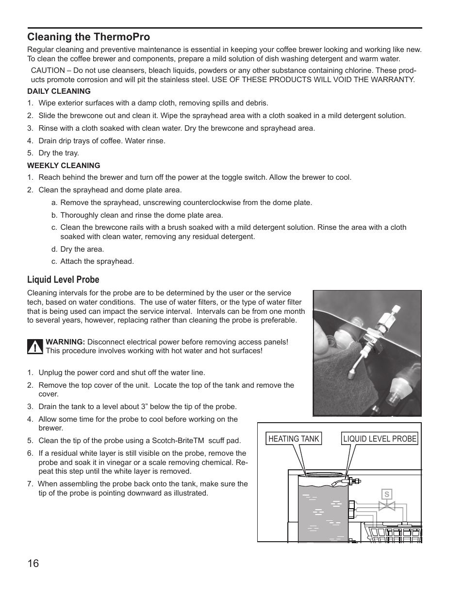 Cleaning the thermopro, Liquid level probe | Wilbur Curtis G4TP1T User Manual | Page 16 / 18