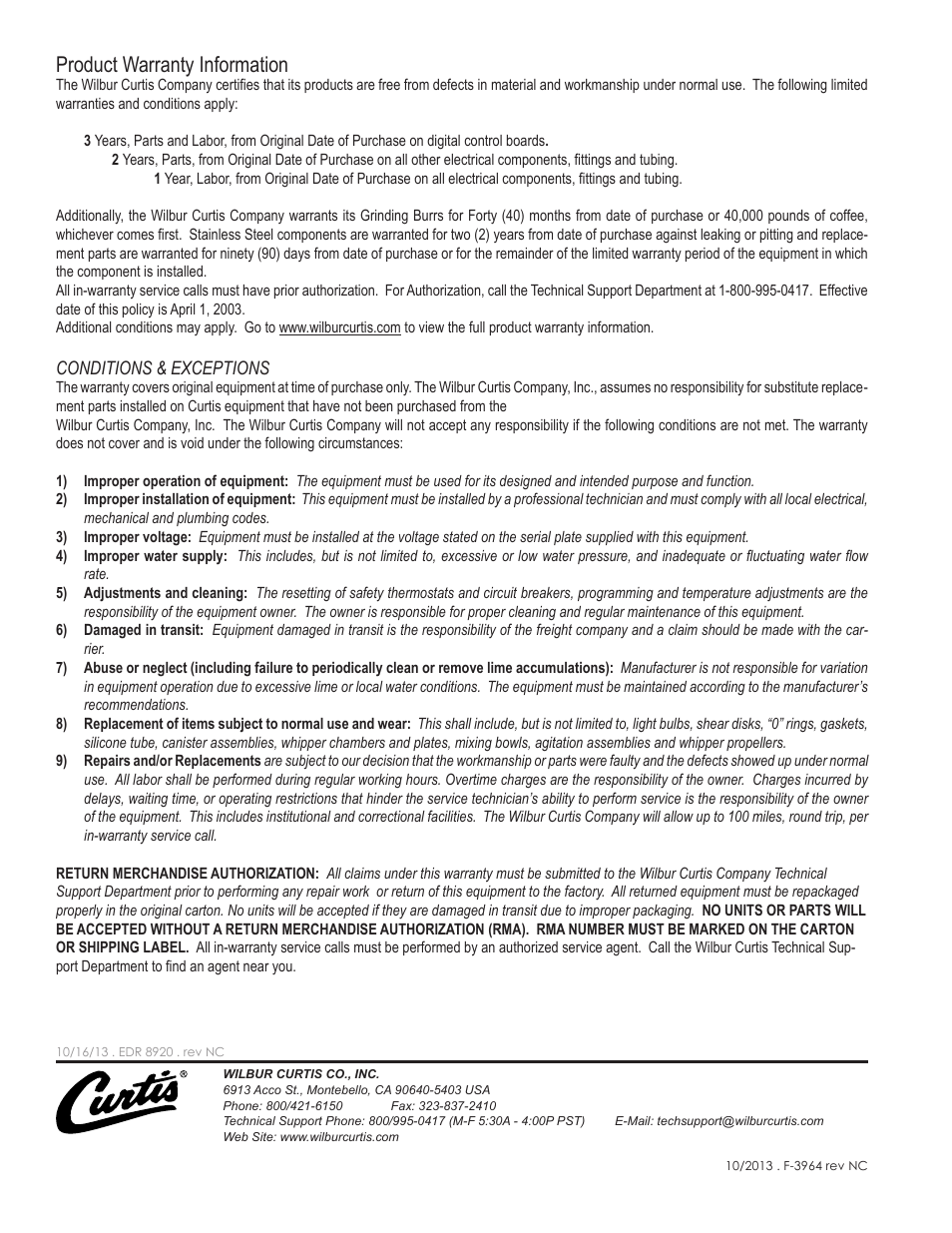 Product warranty information | Wilbur Curtis G4TP1T User Manual | Page 18 / 18