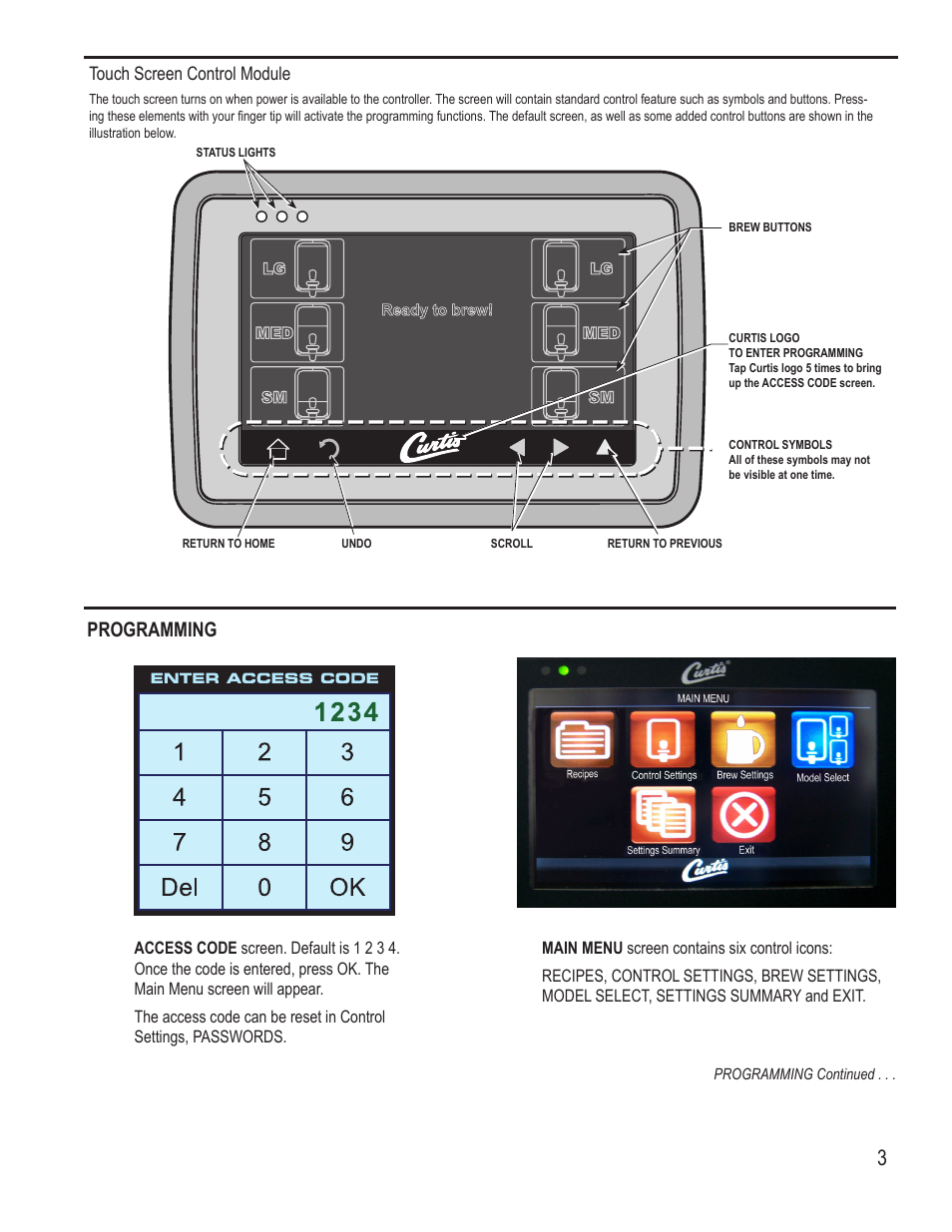 Programming, Touch screen control module | Wilbur Curtis G4TP1T User Manual | Page 3 / 18