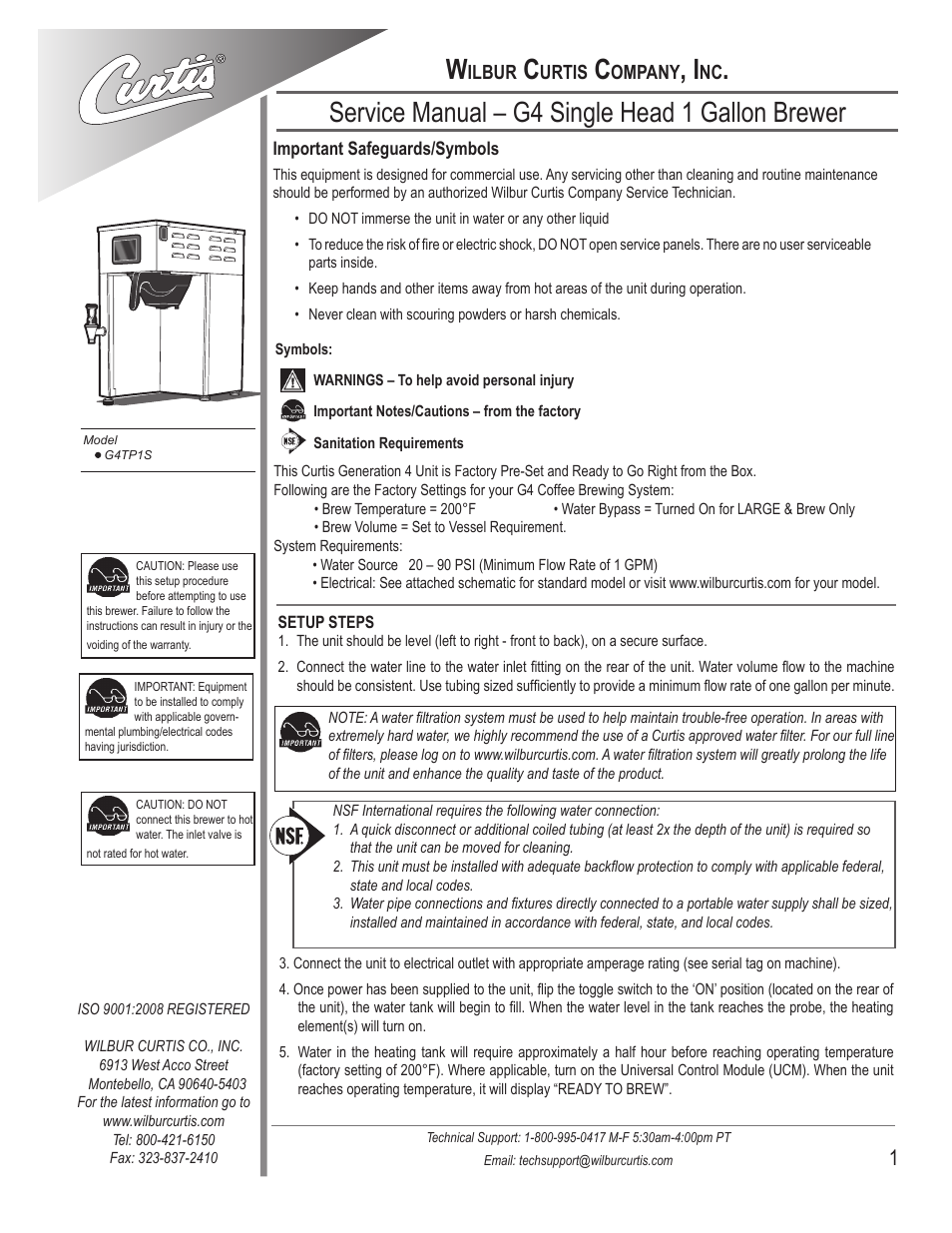 Wilbur Curtis G4TP1S User Manual | 16 pages