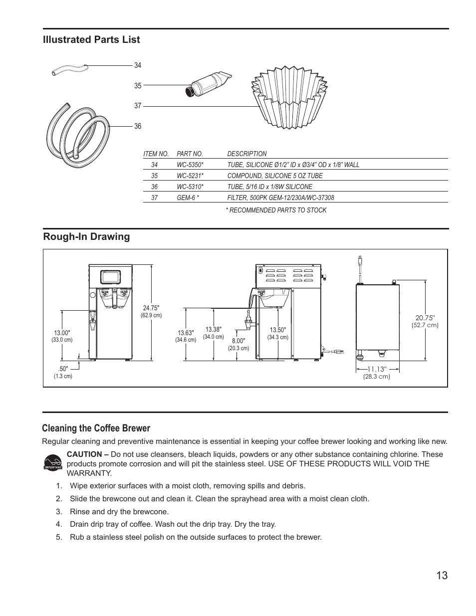 Cleaning the coffee brewer, Rough-in drawing illustrated parts list | Wilbur Curtis G4TP1S User Manual | Page 13 / 16