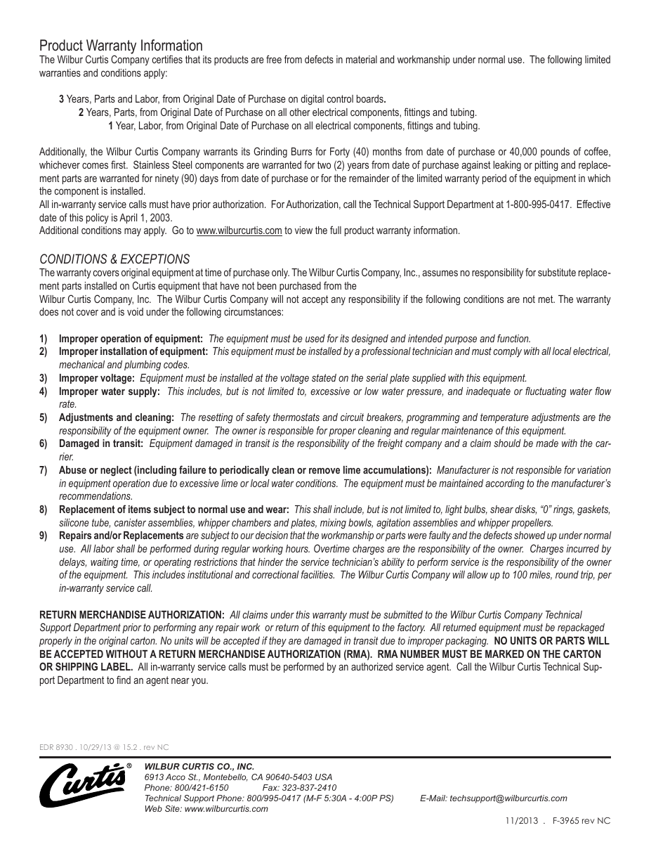 Product warranty information | Wilbur Curtis G4TP1S User Manual | Page 16 / 16