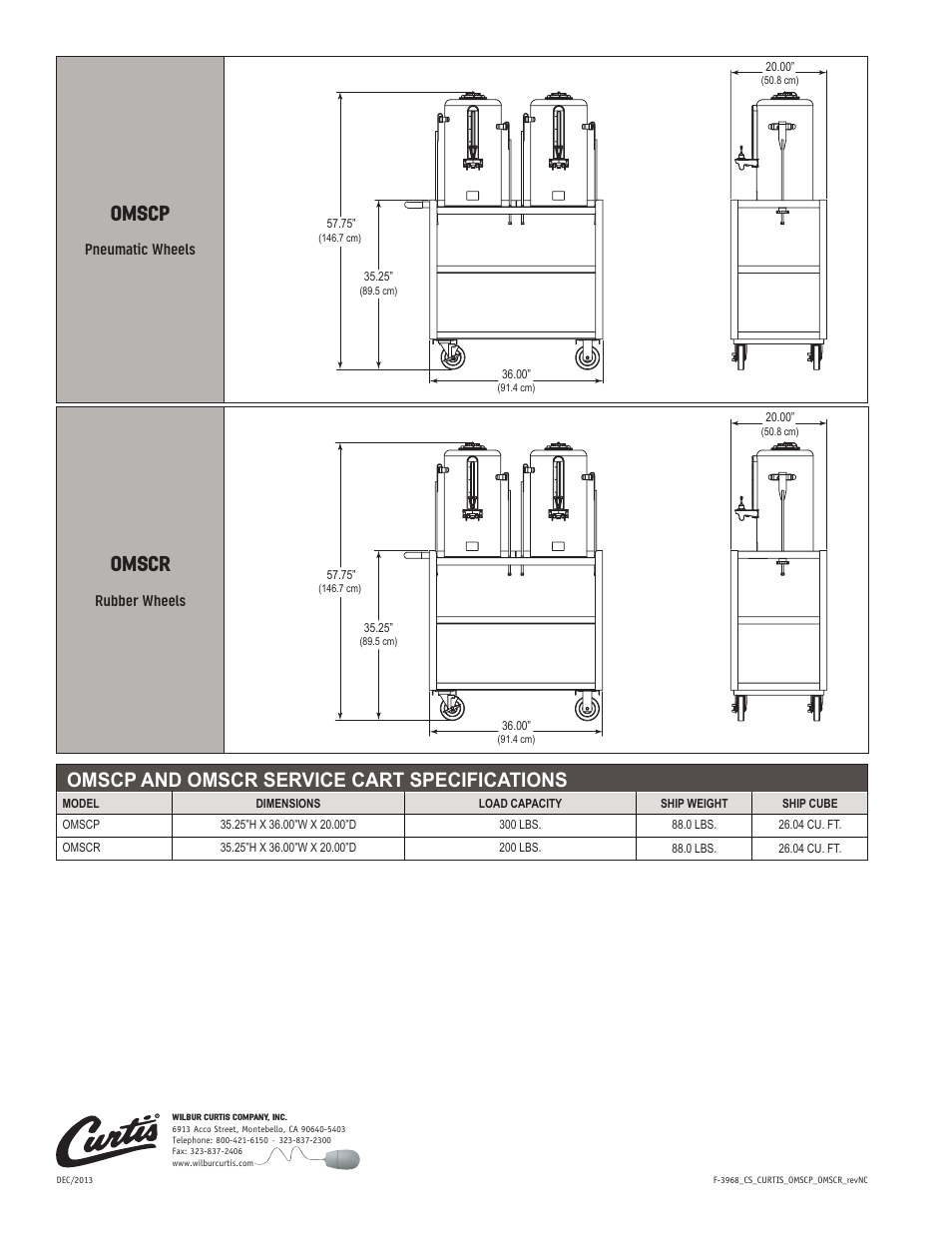 Omscp, Omscr, Omscp and omscr service cart specifications | Wilbur Curtis OMSCP with Pneumatic WheelsOMSCR with Rubber Wheels User Manual | Page 2 / 2