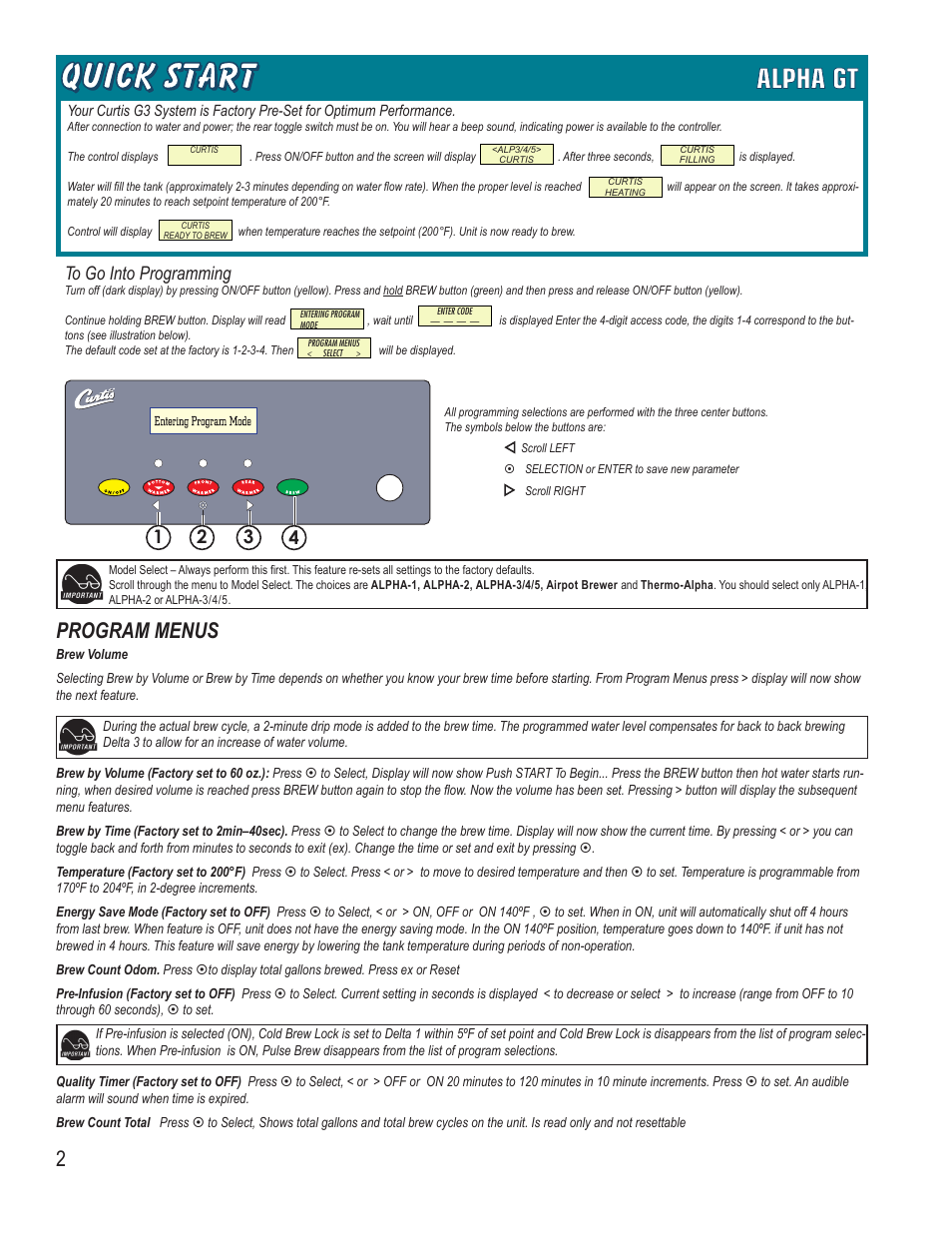 Program menus | Wilbur Curtis ALPHA 6GTN User Manual | Page 2 / 8