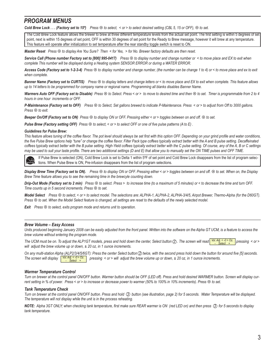 Program menus | Wilbur Curtis ALPHA 6GTN User Manual | Page 3 / 8