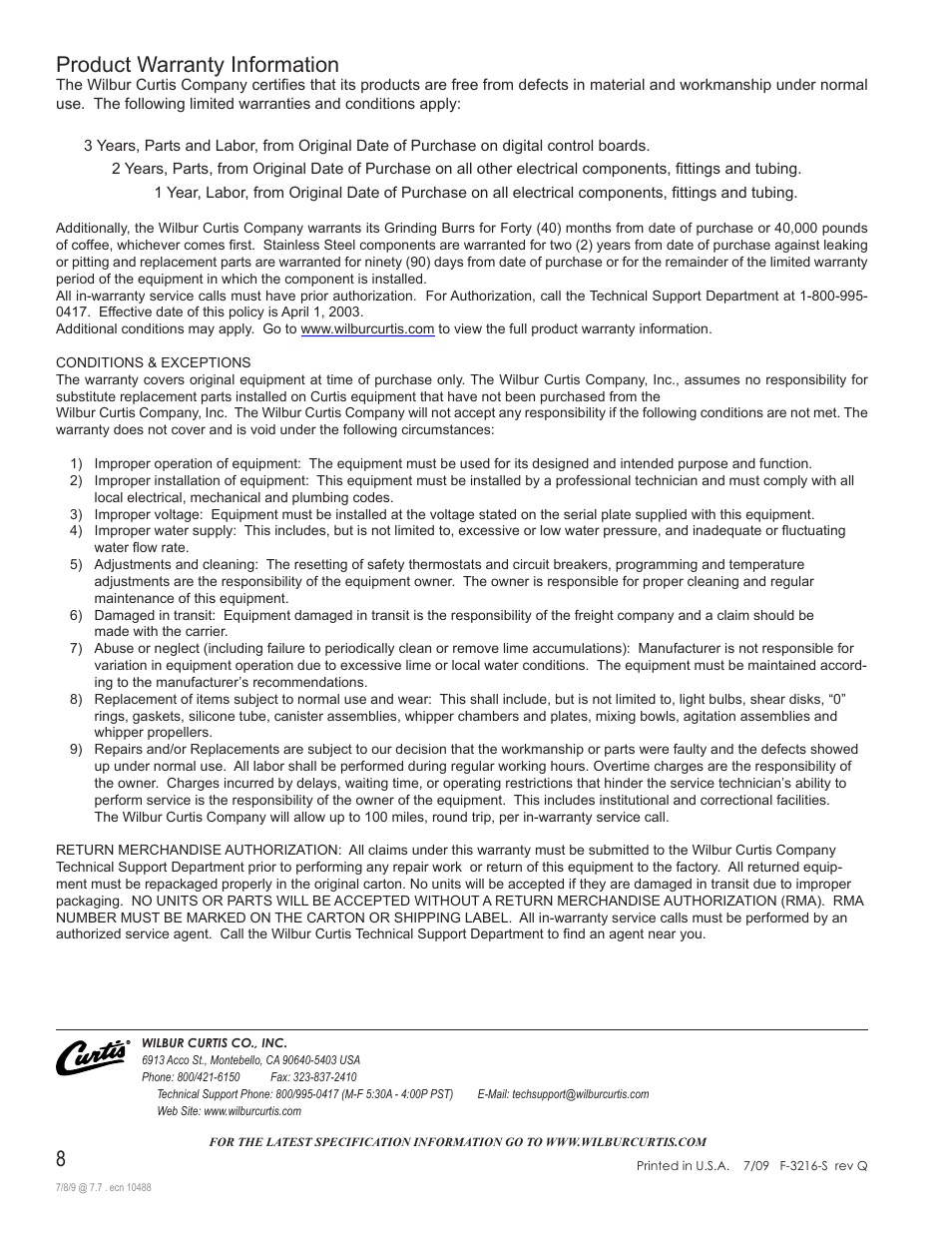 Product warranty information | Wilbur Curtis ALPHA 6GTN User Manual | Page 8 / 8