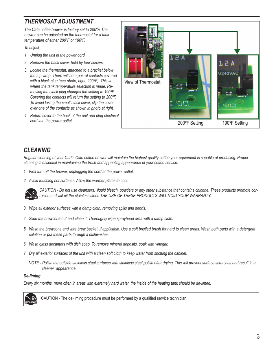 Thermosat adjustment, 3cleaning | Wilbur Curtis CAFE 0PP User Manual | Page 3 / 6