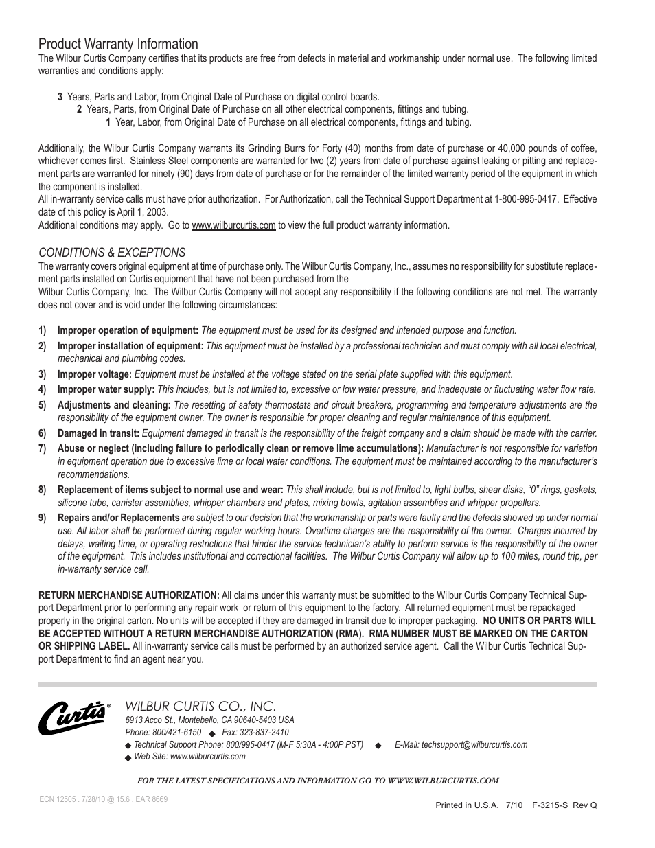 Product warranty information | Wilbur Curtis CAFE 0PP User Manual | Page 6 / 6